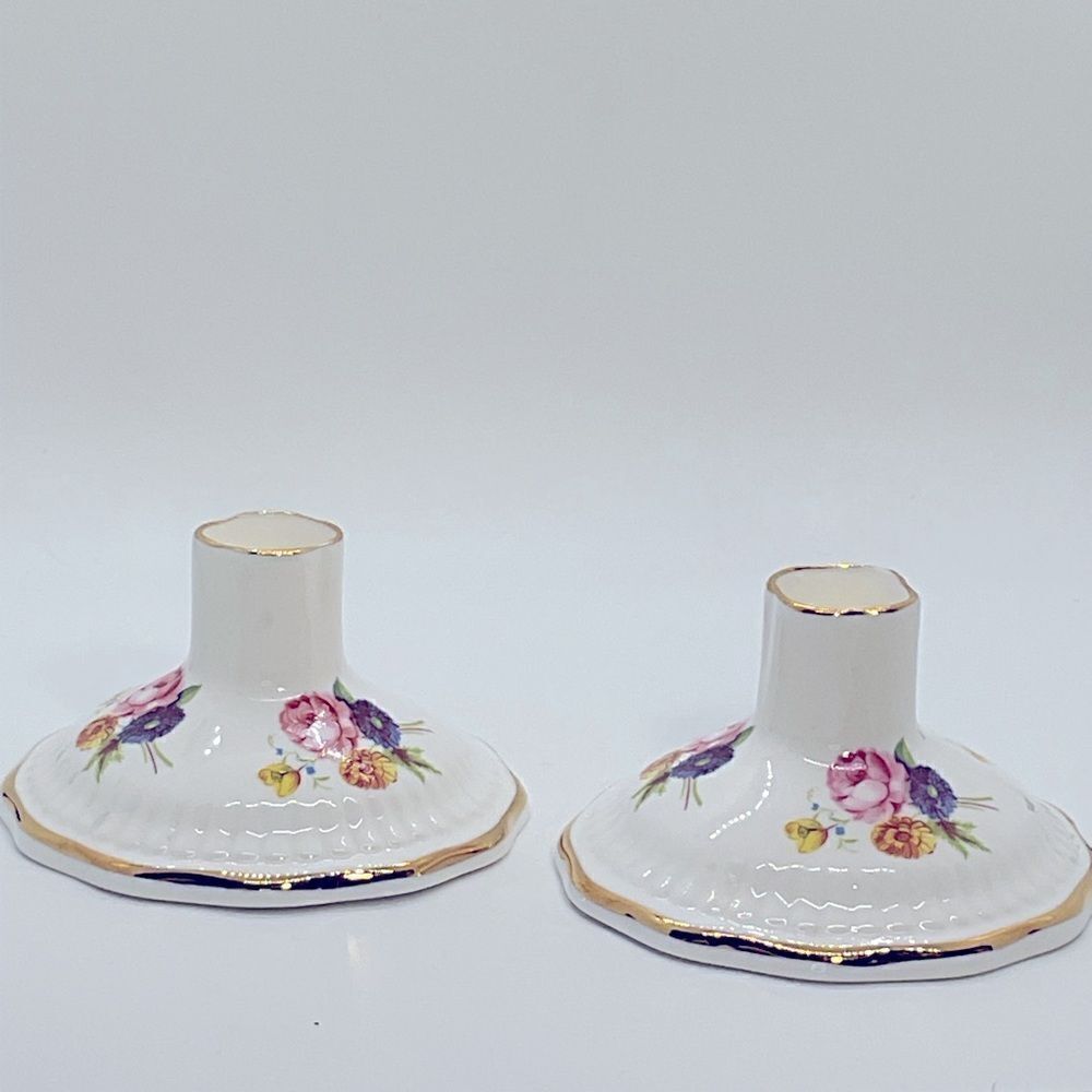Vintage Royal Adderly Floral Porcelain Candle Holders with Gold Trim